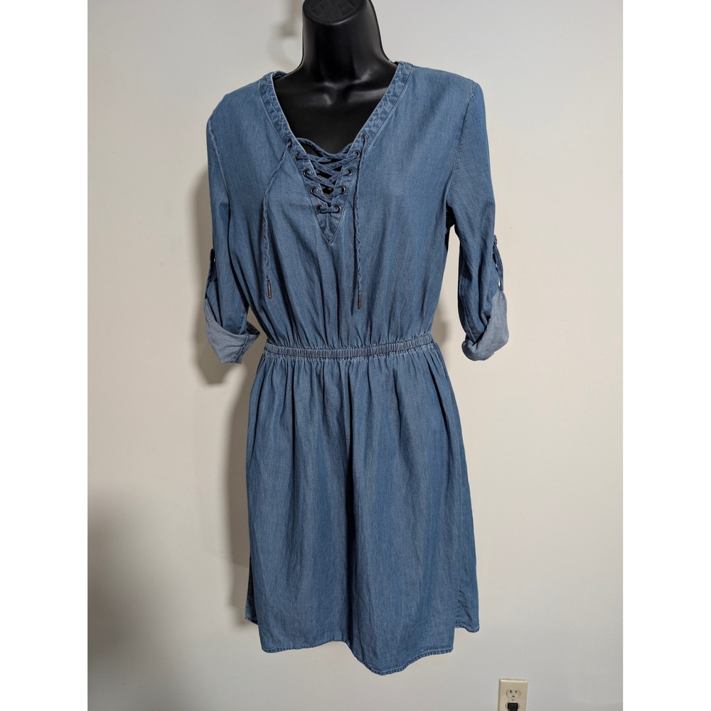 Mossimo Denim Dress V-Neck Roll Tab Sleeve Lace up Detail Cotton A Line Small